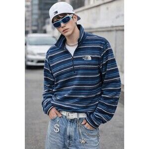 The North Face Mens Sweater Medium Fleece 1/4 Zip Striped Blue Navy Y2k Retro